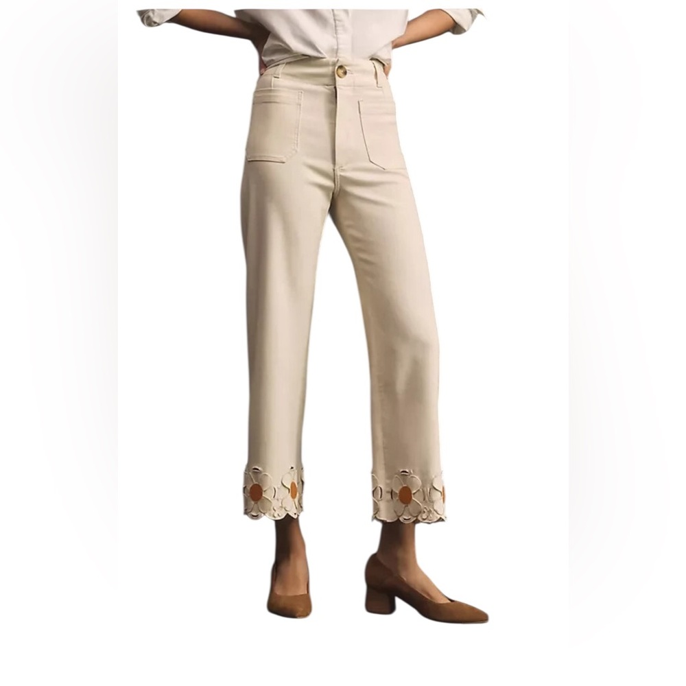 Maeve Colette Flower Embroidered denim Twill Wide leg Jeans Off White Size 30 - Picture 2 of 12
